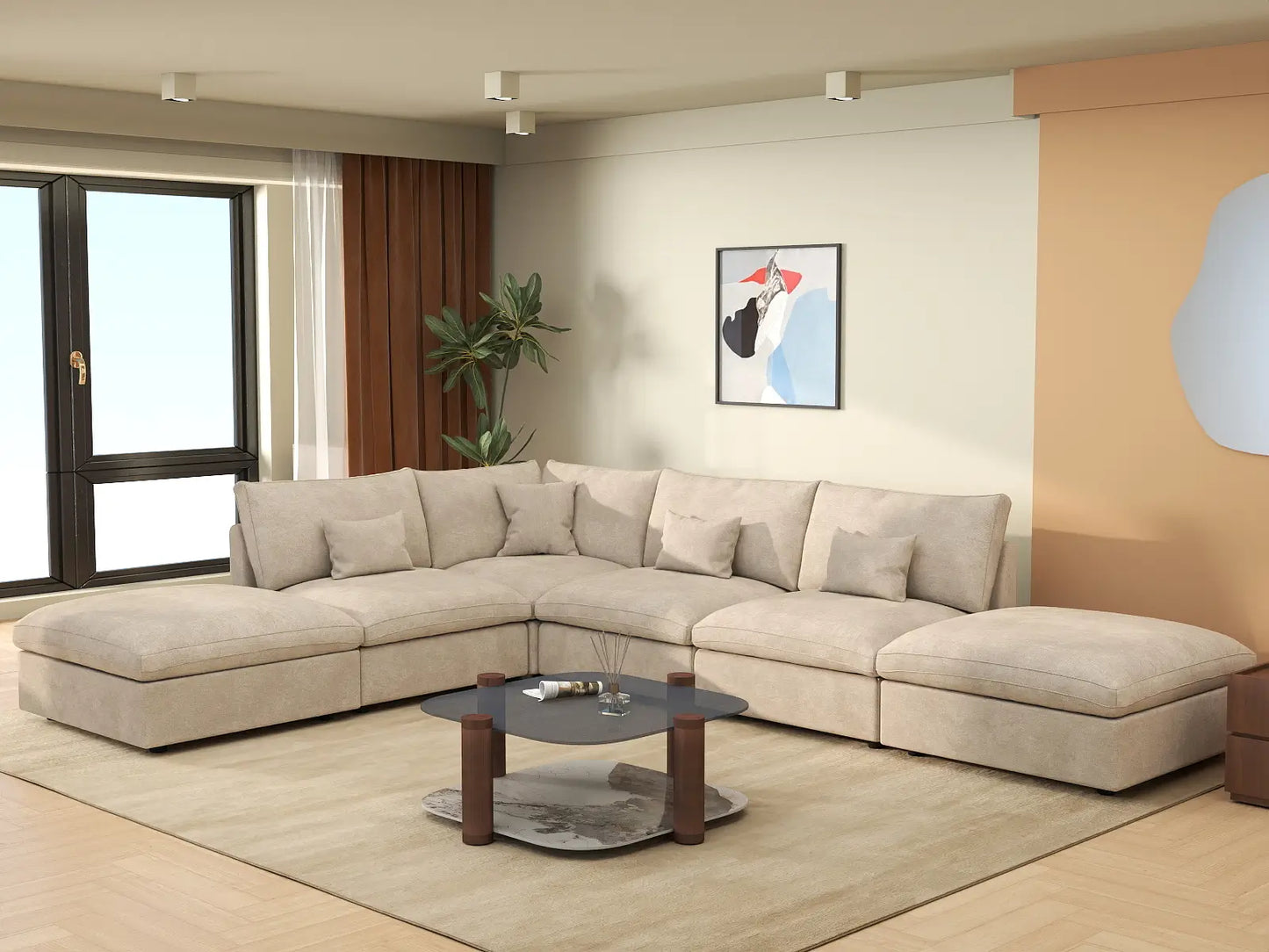 Deluxe Cloud 4-Seater Khaki Large Space Pit Sectional | 6-Piece (Includes 2 Ottomans), Chenille And Linen Fabric, Easy To Clean