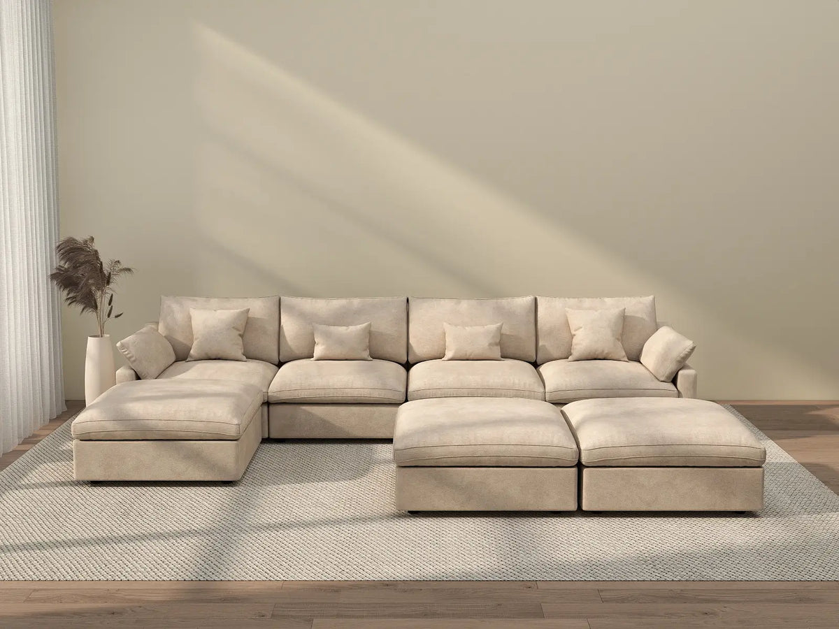 Deluxe Cloud 4-Seater Khaki Large Space Pit Sectional | 7-Piece (Includes 3 Ottomans), Chenille And Linen Fabric, Easy To Clean