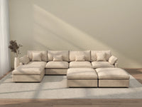 Deluxe Cloud 4-Seater Khaki Large Space Pit Sectional | 7-Piece (Includes 3 Ottomans), Chenille And Linen Fabric, Easy To Clean