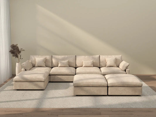 Deluxe Cloud 4-Seater Khaki Large Space Pit Sectional | 7-Piece (Includes 3 Ottomans), Chenille And Linen Fabric, Easy To Clean