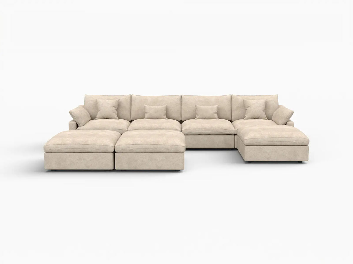 Deluxe Cloud 4-Seater Khaki Large Space Pit Sectional | 7-Piece (Includes 3 Ottomans), Chenille And Linen Fabric, Easy To Clean
