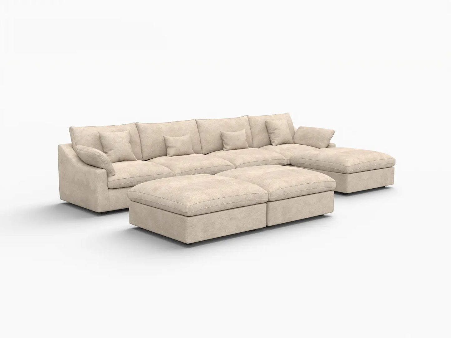 Deluxe Cloud 4-Seater Khaki Large Space Pit Sectional | 7-Piece (Includes 3 Ottomans), Chenille And Linen Fabric, Easy To Clean