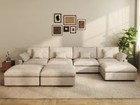 Deluxe Cloud 4-Seater Khaki Large Space Pit Sectional | 7-Piece (Includes 3 Ottomans), Chenille And Linen Fabric, Easy To Clean