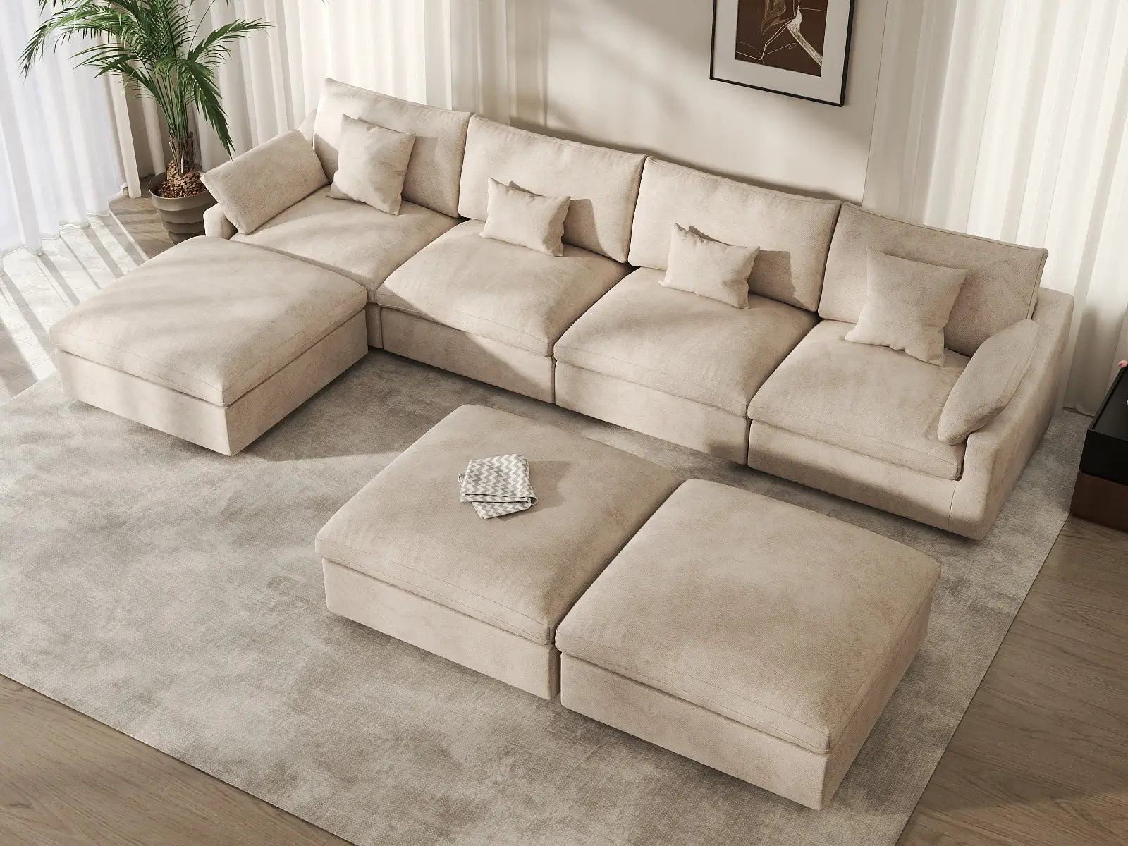 Deluxe Cloud 4-Seater Khaki Large Space Pit Sectional | 7-Piece (Includes 3 Ottomans), Chenille And Linen Fabric, Easy To Clean