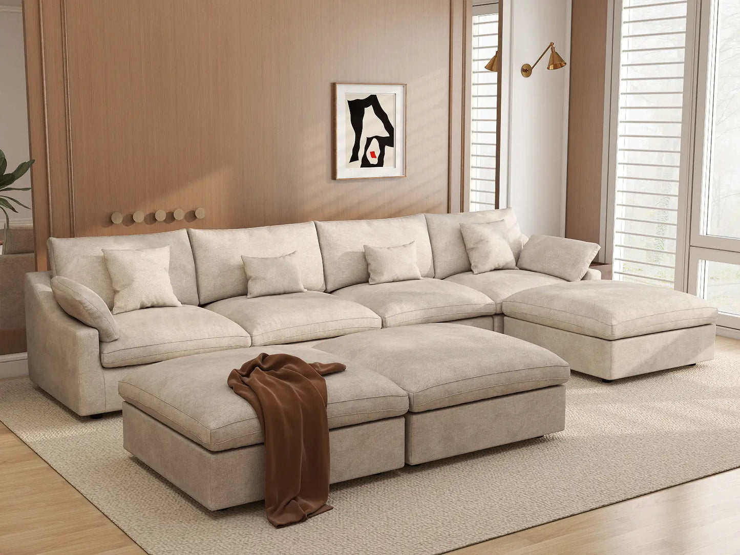 Deluxe Cloud 4-Seater Khaki Large Space Pit Sectional | 7-Piece (Includes 3 Ottomans), Chenille And Linen Fabric, Easy To Clean