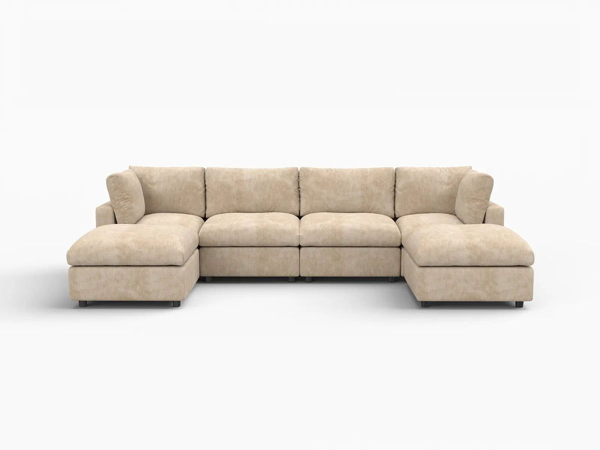 Deluxe Cloud 4-Seater Khaki Large Space U-Shaped Sectional | 6-Piece (Includes 2 Ottomans), Linen-Blend Chenille Fabric, Easy To Clean