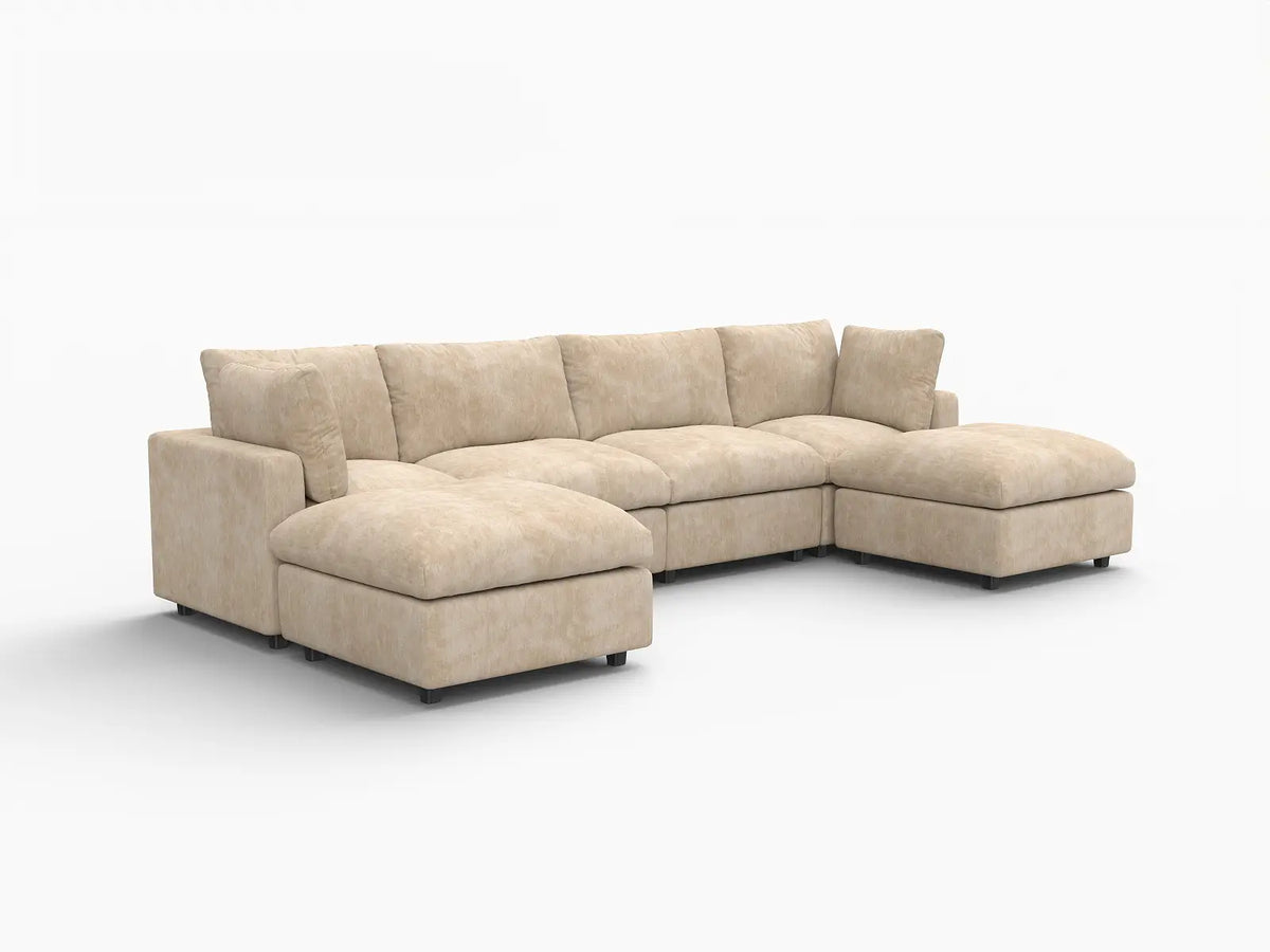 Deluxe Cloud 4-Seater Khaki Large Space U-Shaped Sectional | 6-Piece (Includes 2 Ottomans), Linen-Blend Chenille Fabric, Easy To Clean