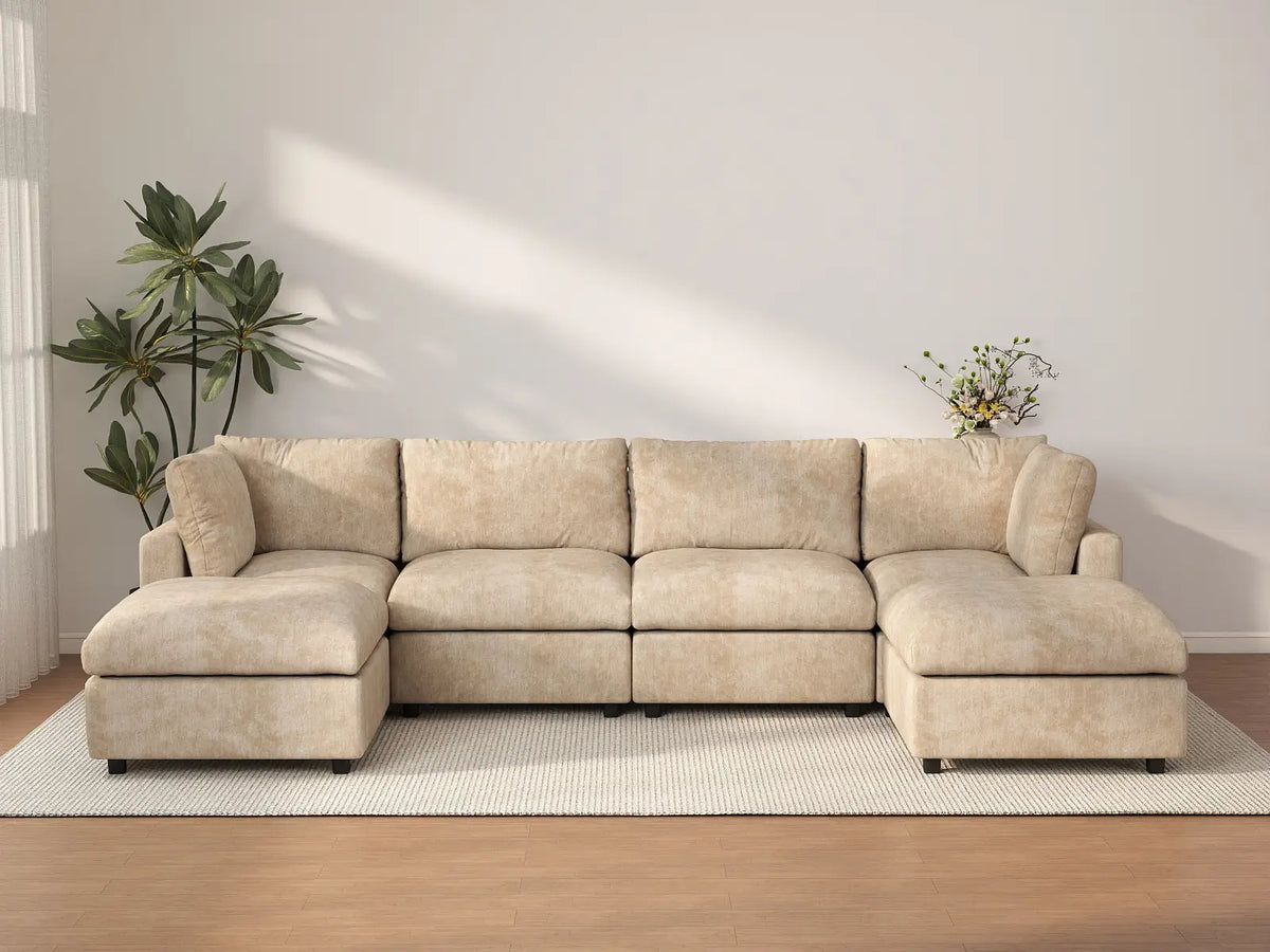 Deluxe Cloud 4-Seater Khaki Large Space U-Shaped Sectional | 6-Piece (Includes 2 Ottomans), Linen-Blend Chenille Fabric, Easy To Clean