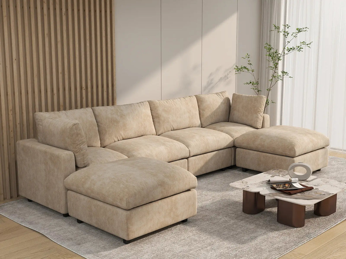Deluxe Cloud 4-Seater Khaki Large Space U-Shaped Sectional | 6-Piece (Includes 2 Ottomans), Linen-Blend Chenille Fabric, Easy To Clean