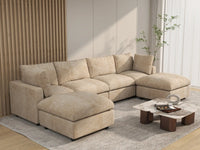 Deluxe Cloud 4-Seater Khaki Large Space U-Shaped Sectional | 6-Piece (Includes 2 Ottomans), Linen-Blend Chenille Fabric, Easy To Clean