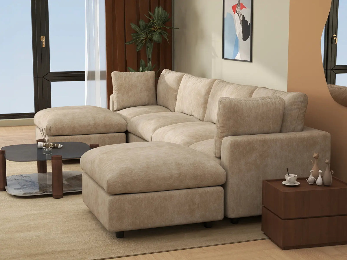 Deluxe Cloud 4-Seater Khaki Large Space U-Shaped Sectional | 6-Piece (Includes 2 Ottomans), Linen-Blend Chenille Fabric, Easy To Clean