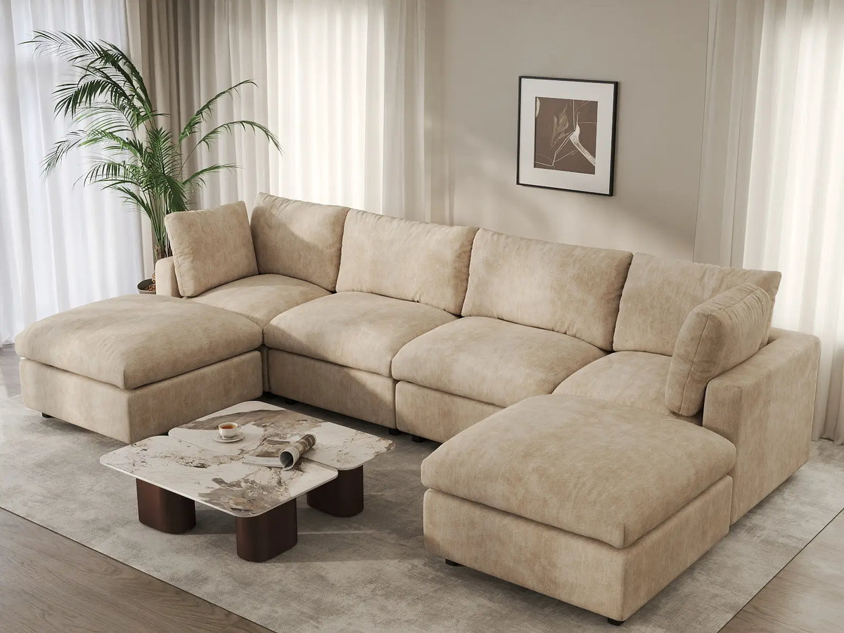 Deluxe Cloud 4-Seater Khaki Large Space U-Shaped Sectional | 6-Piece (Includes 2 Ottomans), Linen-Blend Chenille Fabric, Easy To Clean