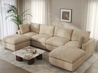 Deluxe Cloud 4-Seater Khaki Large Space U-Shaped Sectional | 6-Piece (Includes 2 Ottomans), Linen-Blend Chenille Fabric, Easy To Clean