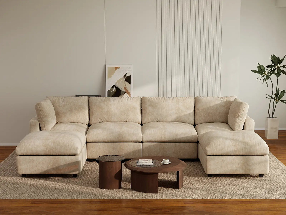 Deluxe Cloud 4-Seater Khaki Large Space U-Shaped Sectional | 6-Piece (Includes 2 Ottomans), Linen-Blend Chenille Fabric, Easy To Clean