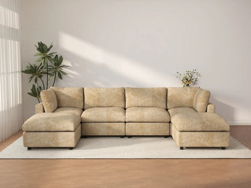 Deluxe Cloud 4-Seater Khaki Large Space U-Shaped Sectional | 6-Piece (Includes 2 Ottomans), Linen-Blend Chenille Fabric, Easy To Clean