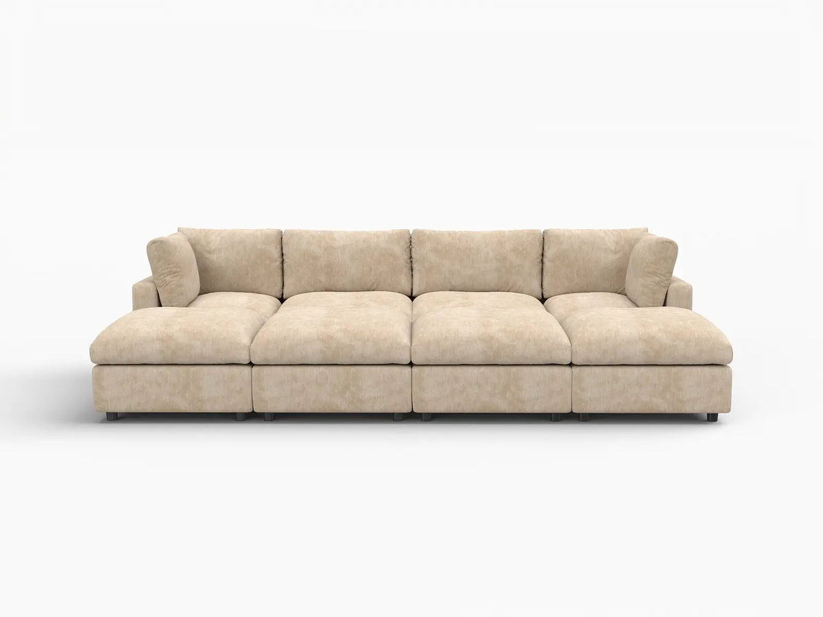 Deluxe Cloud 4-Seater Khaki Open Space Pit Sectional | 8-Piece (Includes 4 Ottomans), Linen-Blend Chenille Fabric, Easy To Clean