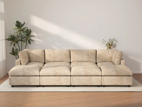 Deluxe Cloud 4-Seater Khaki Open Space Pit Sectional | 8-Piece (Includes 4 Ottomans), Linen-Blend Chenille Fabric, Easy To Clean