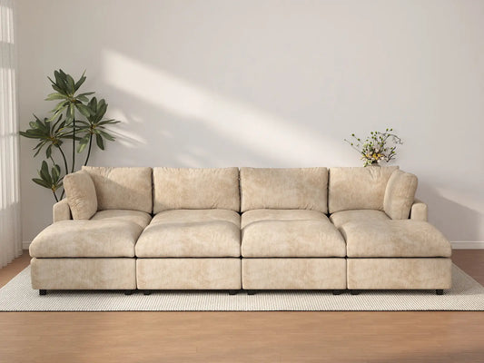 Deluxe Cloud 4-Seater Khaki Open Space Pit Sectional | 8-Piece (Includes 4 Ottomans), Linen-Blend Chenille Fabric, Easy To Clean