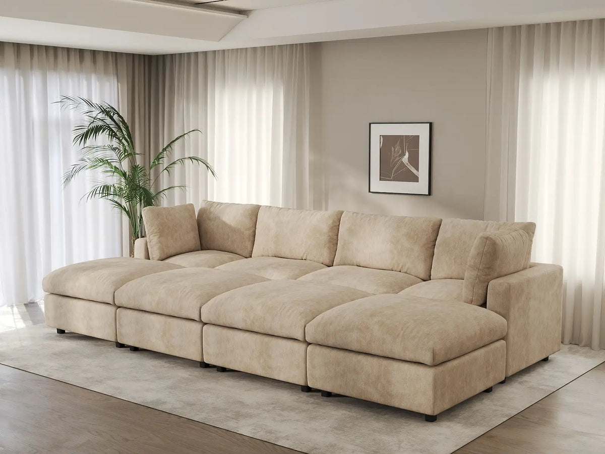 Deluxe Cloud 4-Seater Khaki Open Space Pit Sectional | 8-Piece (Includes 4 Ottomans), Linen-Blend Chenille Fabric, Easy To Clean