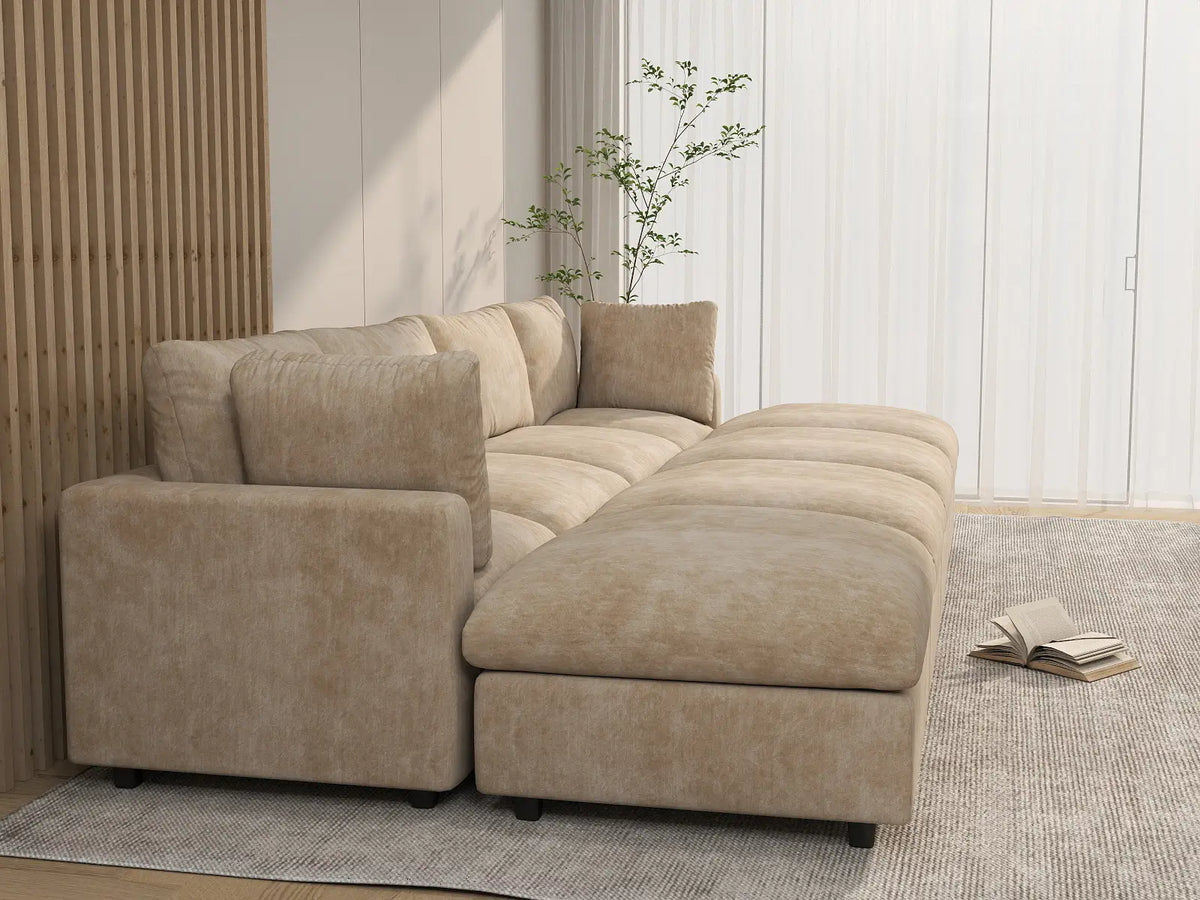 Deluxe Cloud 4-Seater Khaki Open Space Pit Sectional | 8-Piece (Includes 4 Ottomans), Linen-Blend Chenille Fabric, Easy To Clean
