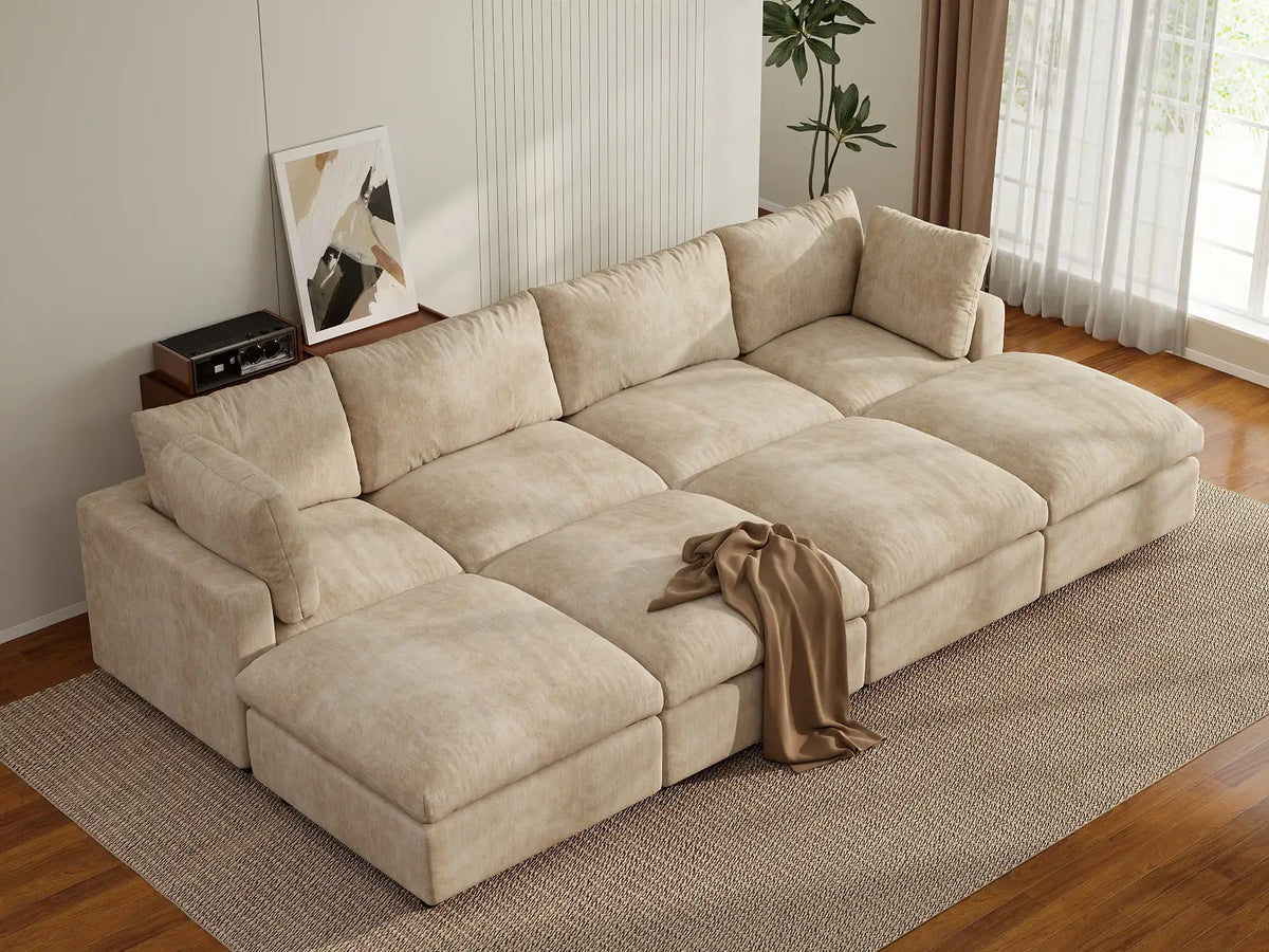Deluxe Cloud 4-Seater Khaki Open Space Pit Sectional | 8-Piece (Includes 4 Ottomans), Linen-Blend Chenille Fabric, Easy To Clean