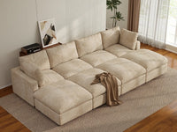 Deluxe Cloud 4-Seater Khaki Open Space Pit Sectional | 8-Piece (Includes 4 Ottomans), Linen-Blend Chenille Fabric, Easy To Clean