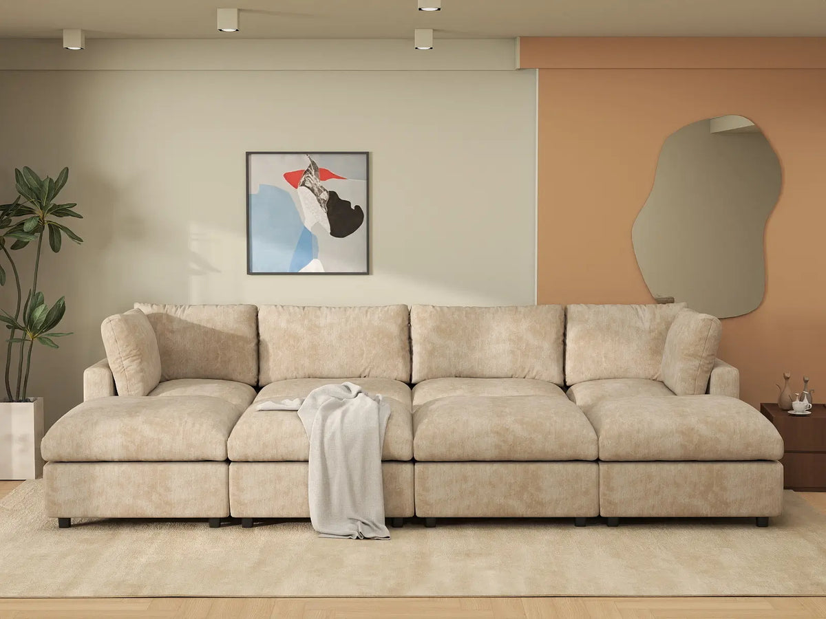 Deluxe Cloud 4-Seater Khaki Open Space Pit Sectional | 8-Piece (Includes 4 Ottomans), Linen-Blend Chenille Fabric, Easy To Clean