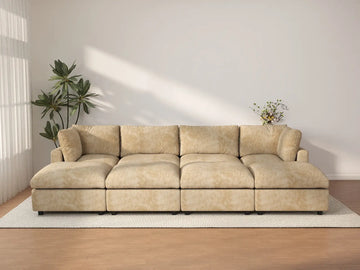 Deluxe Cloud 4-Seater Khaki Open Space Pit Sectional | 8-Piece (Includes 4 Ottomans), Linen-Blend Chenille Fabric, Easy To Clean