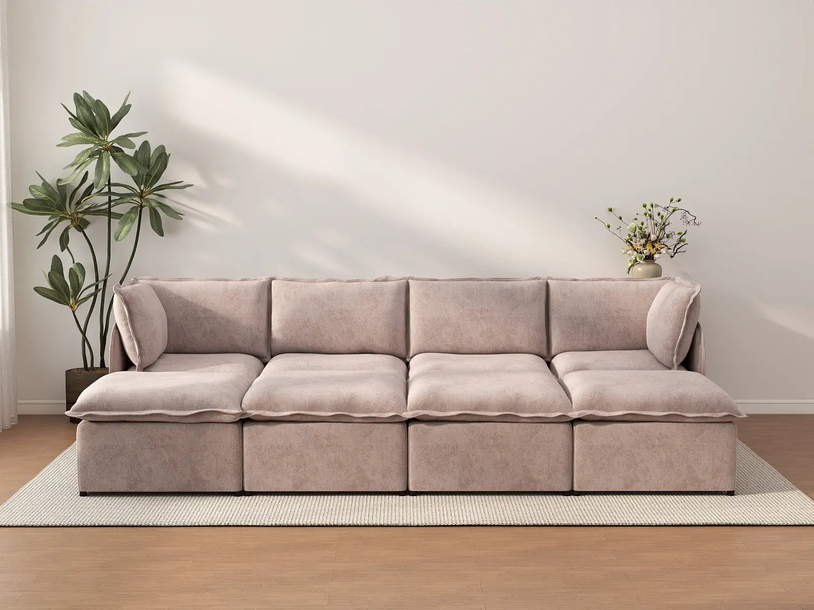 Deluxe Cloud 4-Seater Khaki Pit Sectional | 8-Piece (Includes 4 Ottomans), Linen Look Poly Fabric, Washable Cushion Covers