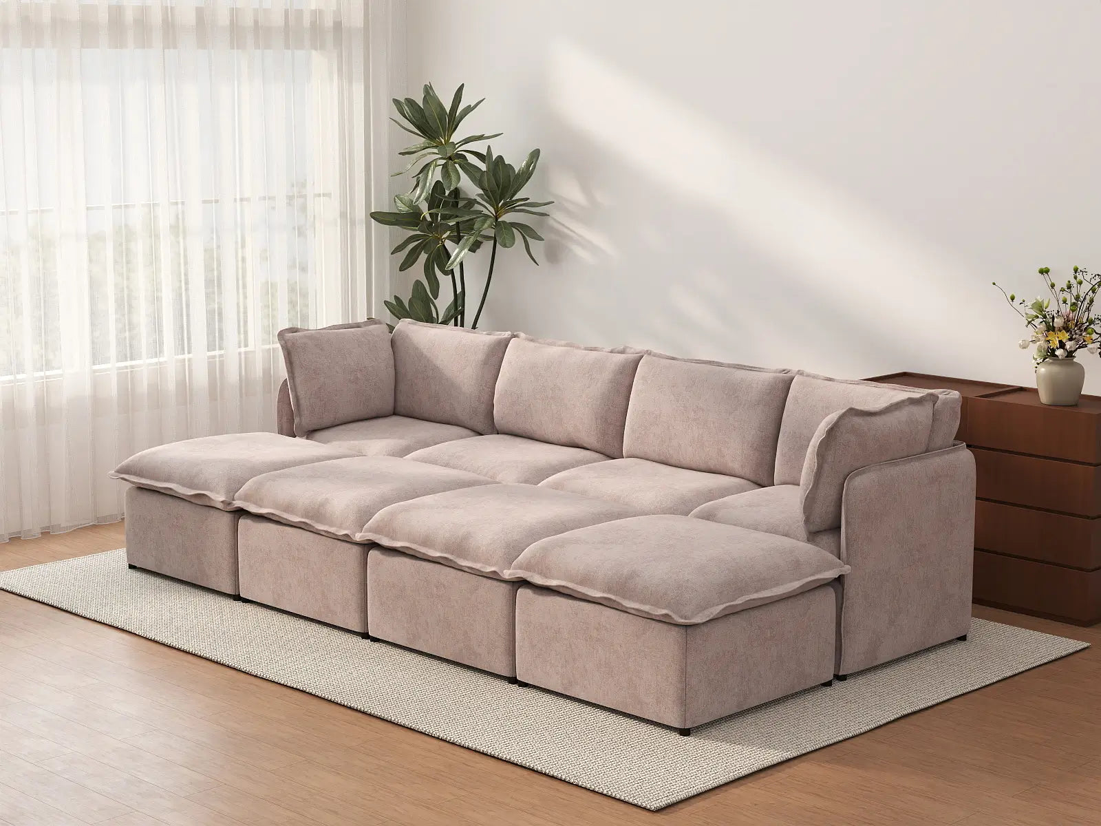 Deluxe Cloud 4-Seater Khaki Pit Sectional | 8-Piece (Includes 4 Ottomans), Linen Look Poly Fabric, Washable Cushion Covers