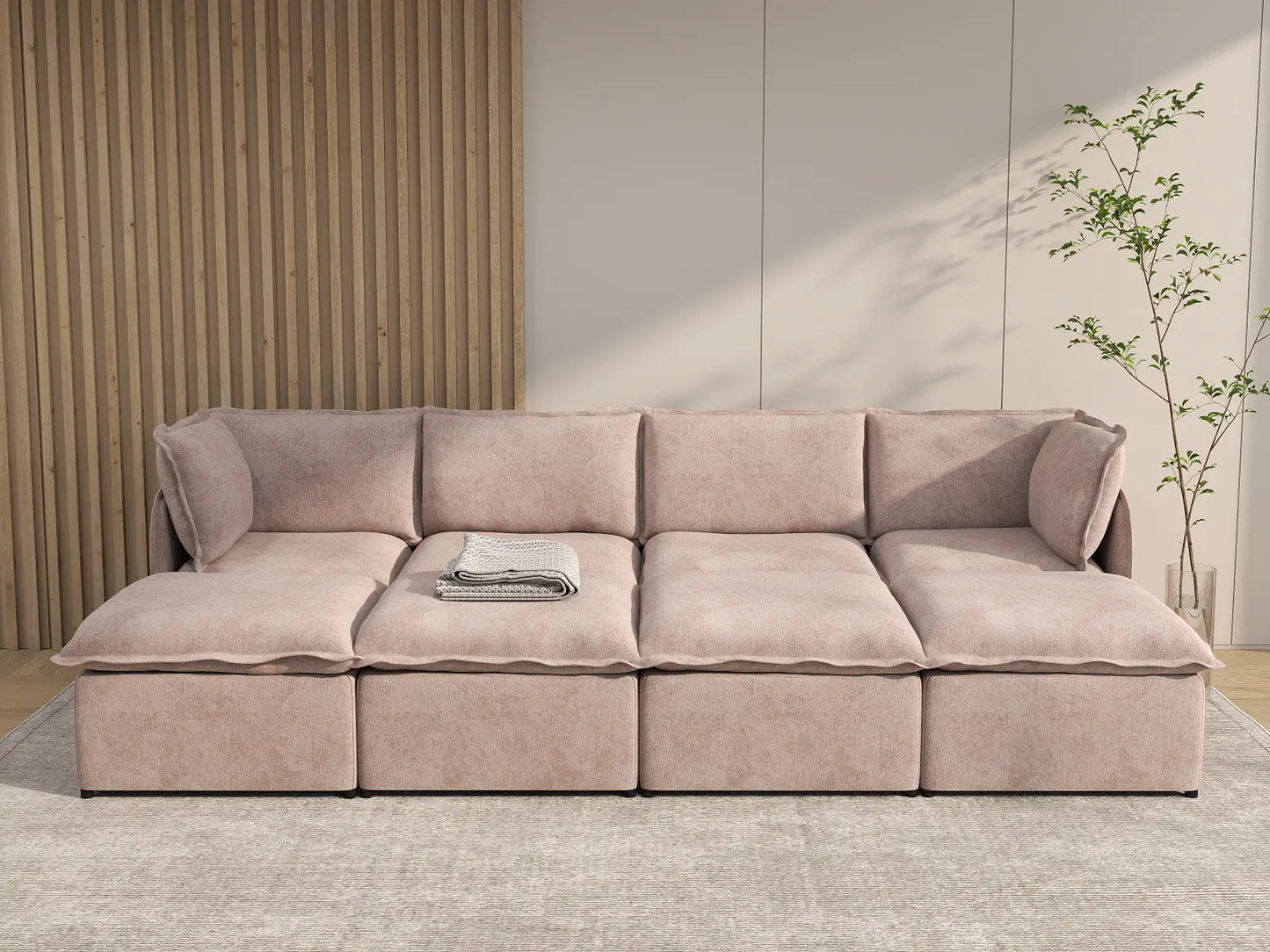 Deluxe Cloud 4-Seater Khaki Pit Sectional | 8-Piece (Includes 4 Ottomans), Linen Look Poly Fabric, Washable Cushion Covers