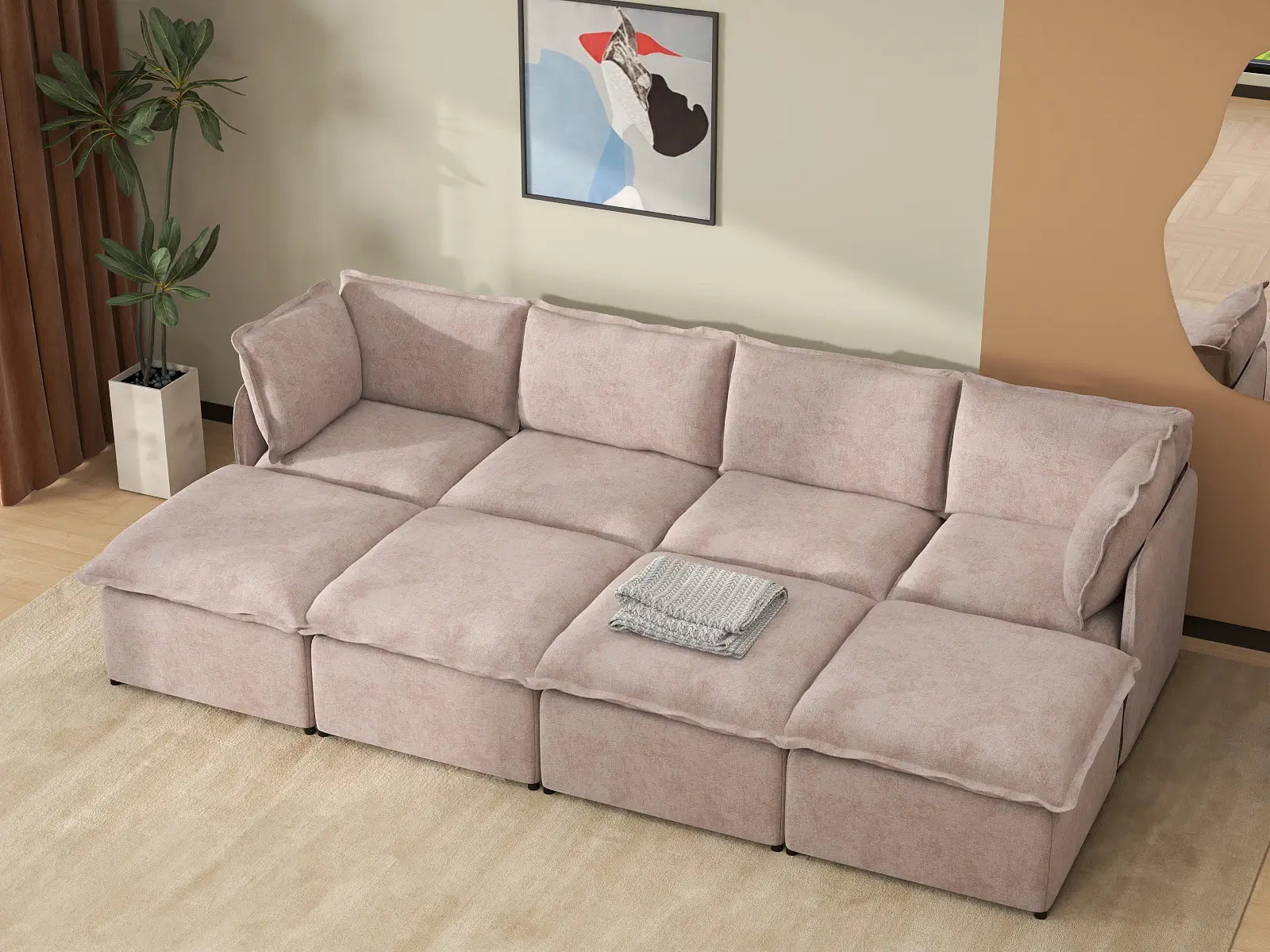 Deluxe Cloud 4-Seater Khaki Pit Sectional | 8-Piece (Includes 4 Ottomans), Linen Look Poly Fabric, Washable Cushion Covers