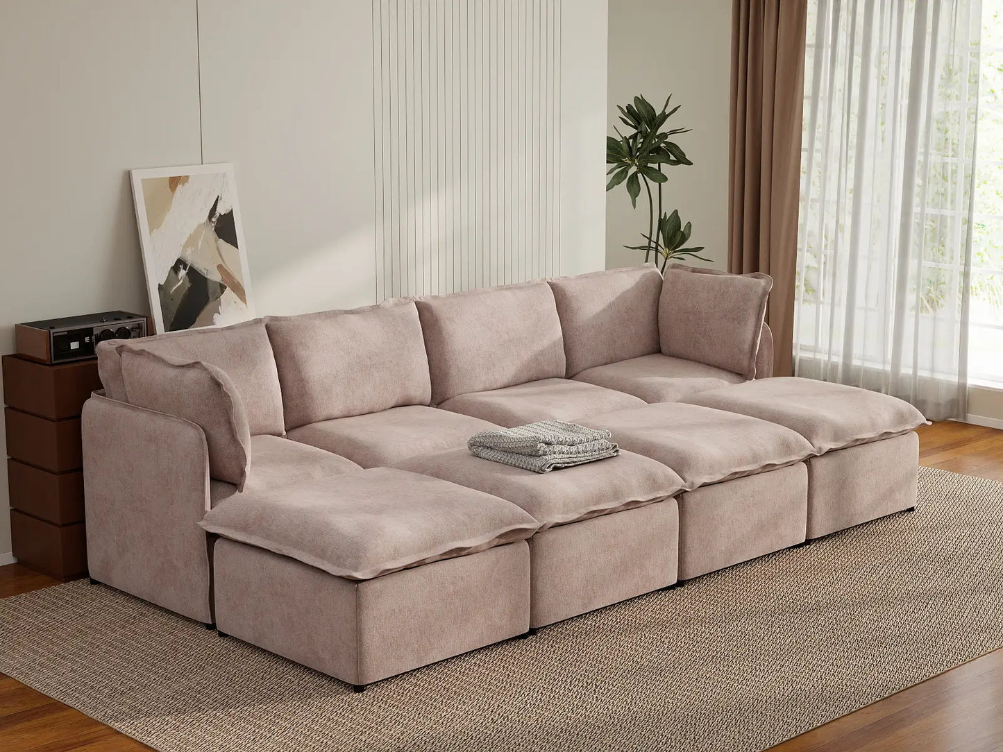 Deluxe Cloud 4-Seater Khaki Pit Sectional | 8-Piece (Includes 4 Ottomans), Linen Look Poly Fabric, Washable Cushion Covers