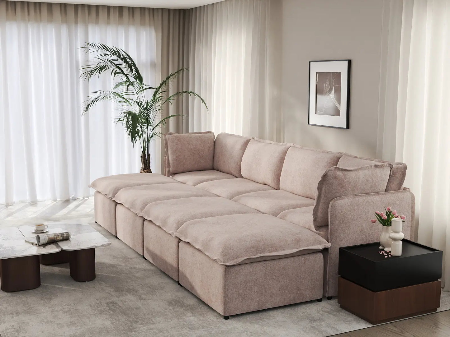 Deluxe Cloud 4-Seater Khaki Pit Sectional | 8-Piece (Includes 4 Ottomans), Linen Look Poly Fabric, Washable Cushion Covers
