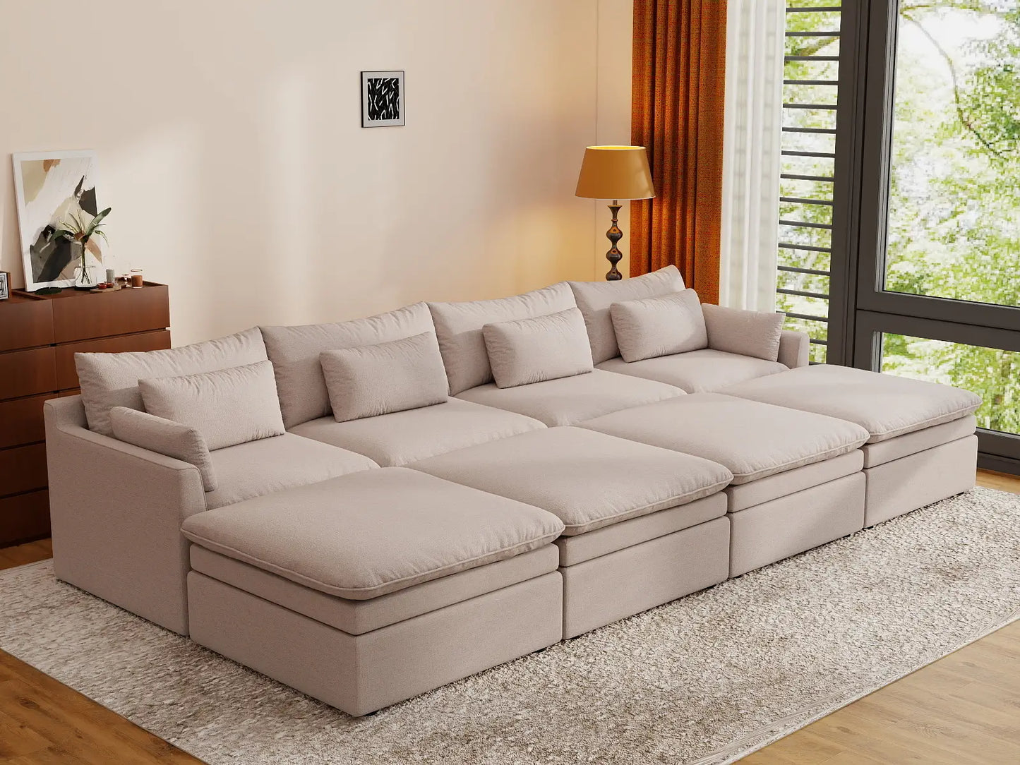 Deluxe Cloud 4-Seater Khaki Pit Sectional | 8-Piece (Includes 4 Ottomans), Linen Look Poly Fabric, Washable Cushion Covers