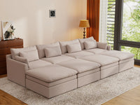 Deluxe Cloud 4-Seater Khaki Pit Sectional | 8-Piece (Includes 4 Ottomans), Linen Look Poly Fabric, Washable Cushion Covers