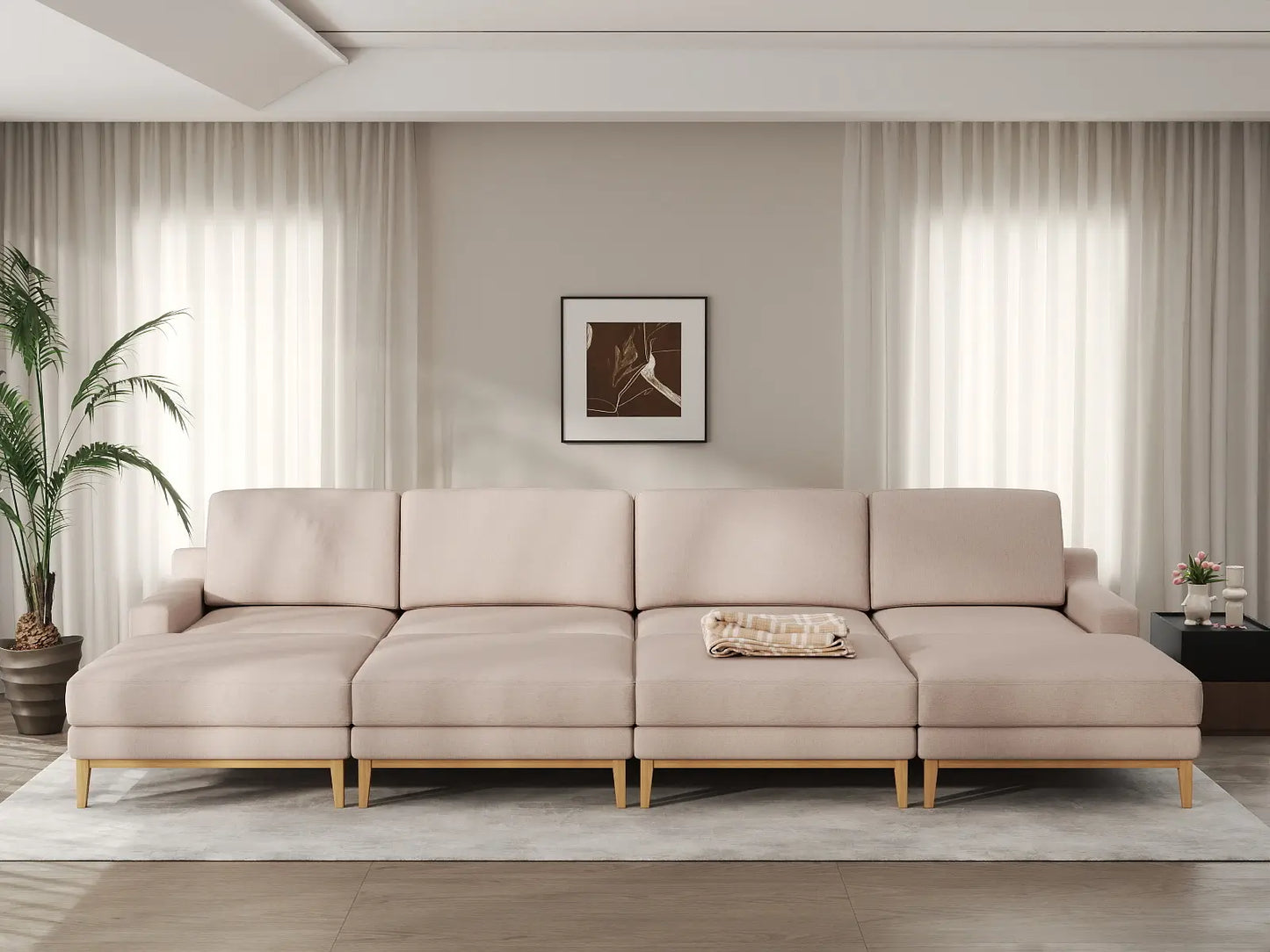 Deluxe Cloud 4-Seater Khaki Pit Sectional | 8-Piece (Includes 4 Ottomans), Linen Look Poly Fabric, Washable Cushion Covers