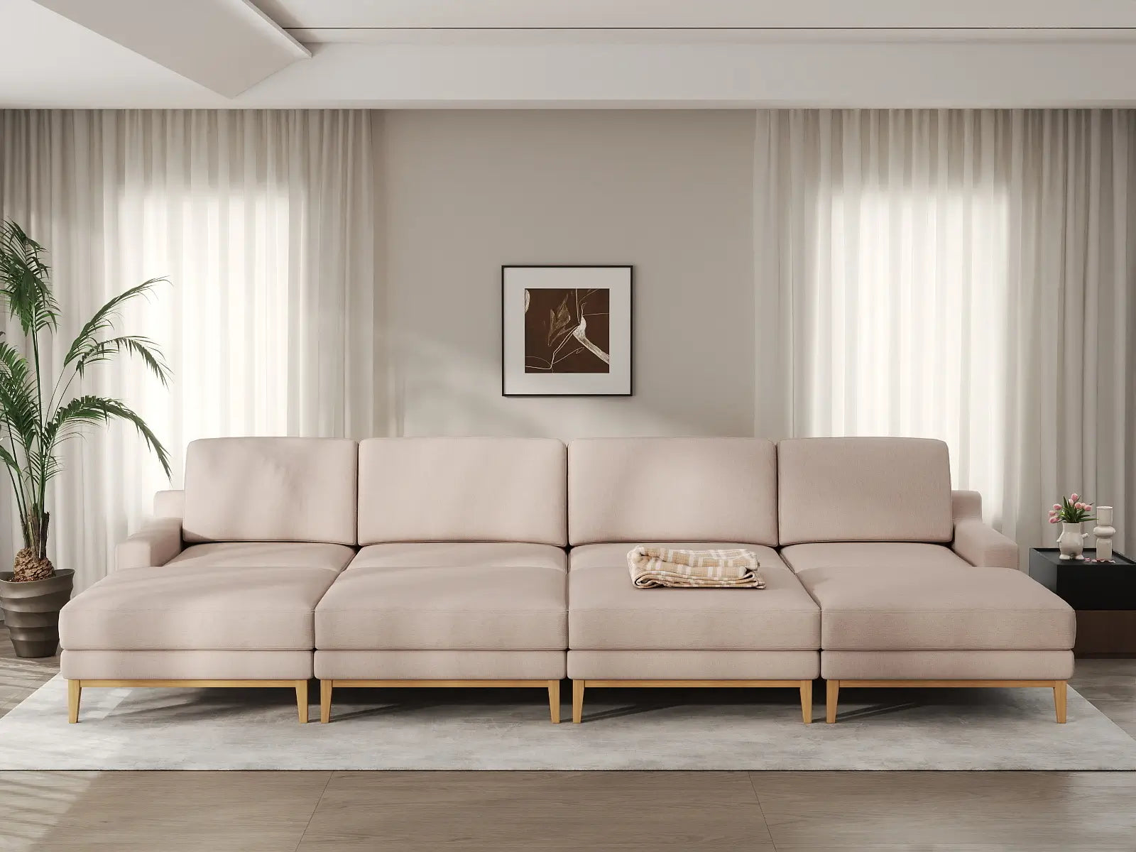 Deluxe Cloud 4-Seater Khaki Pit Sectional | 8-Piece (Includes 4 Ottomans), Linen Look Poly Fabric, Washable Cushion Covers