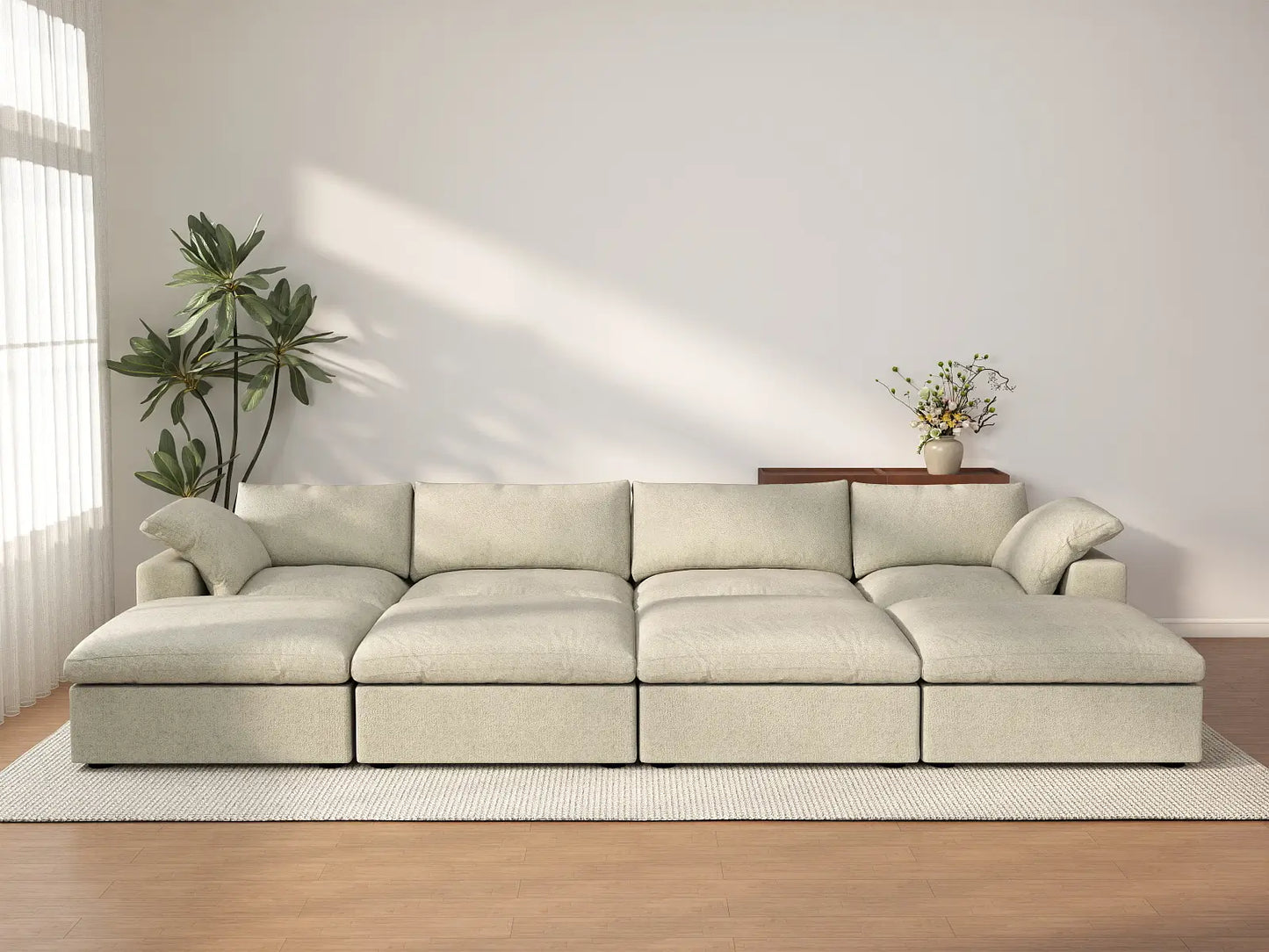 Deluxe Cloud 4-Seater Khaki Pit Sectional | 8-Piece (Includes 4 Ottomans), Cotton And Linen Fabric, Family Room Seating, Washable Cushion Covers