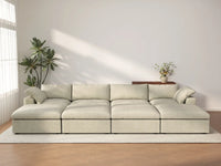 Deluxe Cloud 4-Seater Khaki Pit Sectional | 8-Piece (Includes 4 Ottomans), Cotton And Linen Fabric, Family Room Seating, Washable Cushion Covers
