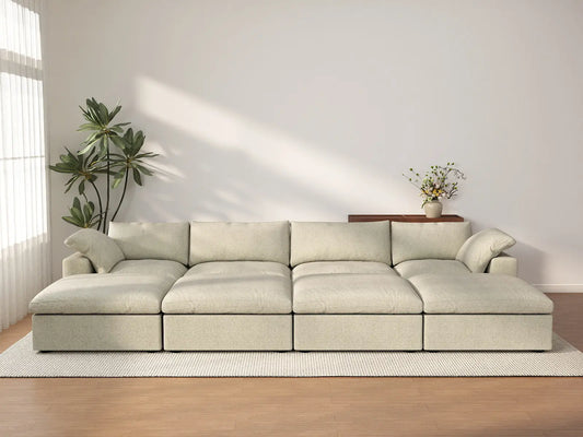 Deluxe Cloud 4-Seater Khaki Pit Sectional | 8-Piece (Includes 4 Ottomans), Cotton And Linen Fabric, Family Room Seating, Washable Cushion Covers