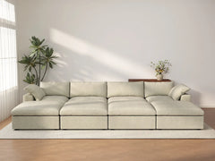 Deluxe Cloud 4-Seater Khaki Pit Sectional | 8-Piece (Includes 4 Ottomans), Cotton And Linen Fabric, Family Room Seating, Washable Cushion Covers