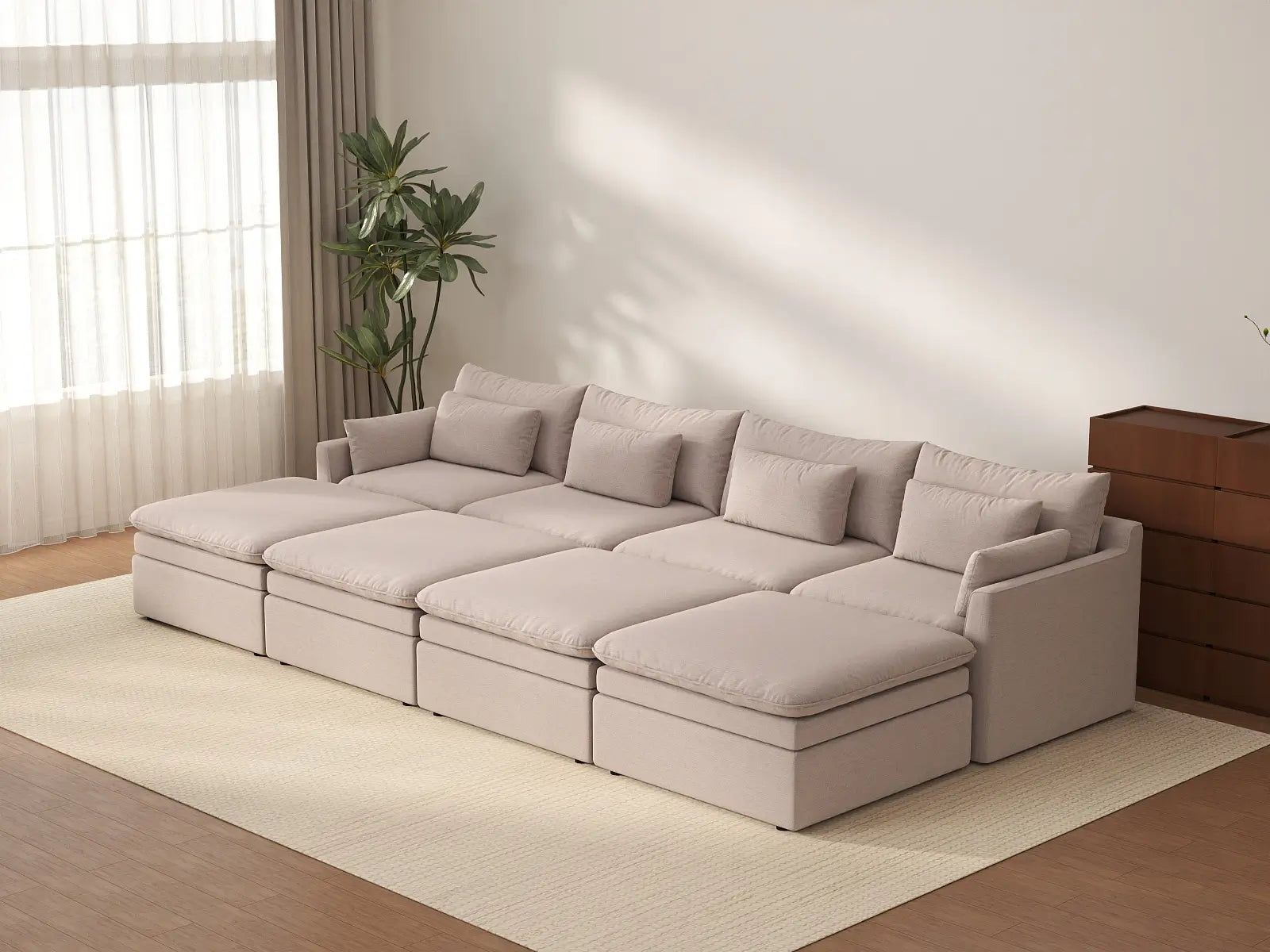 Deluxe Cloud 4-Seater Khaki Pit Sectional | 8-Piece (Includes 4 Ottomans), Linen Look Poly Fabric, Washable Cushion Covers
