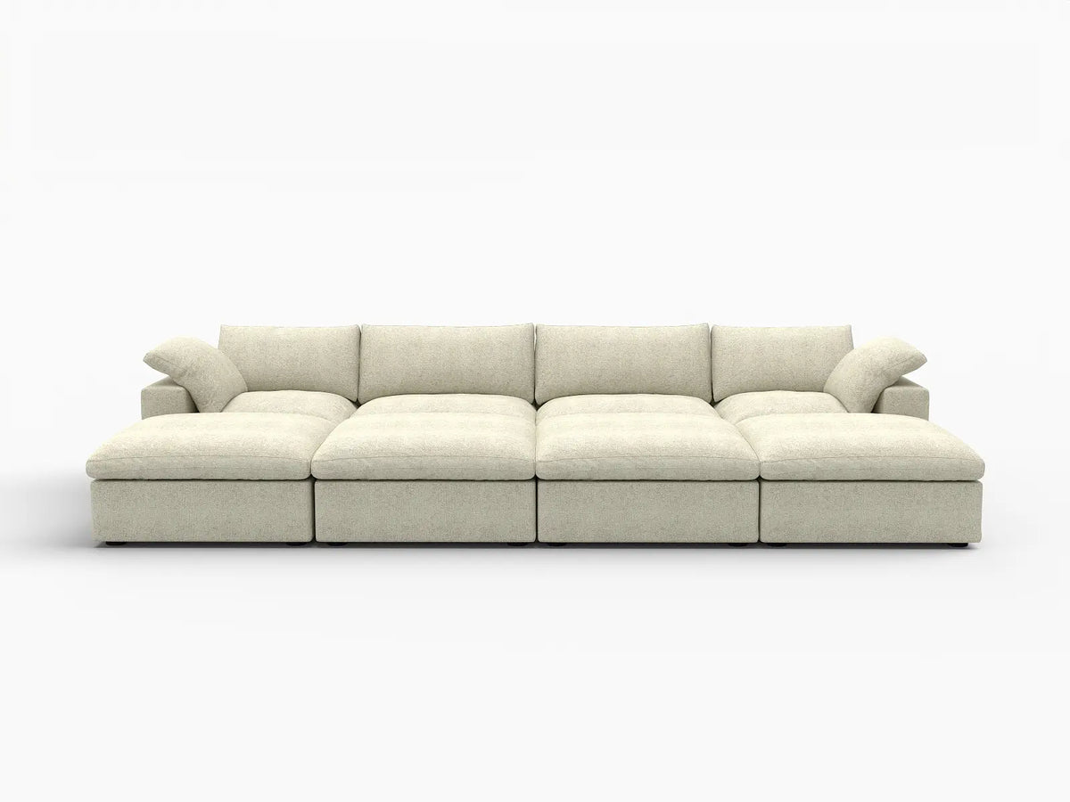 Deluxe Cloud 4-Seater Khaki Pit Sectional | 8-Piece (Includes 4 Ottomans), Cotton And Linen Fabric, Family Room Seating, Washable Cushion Covers