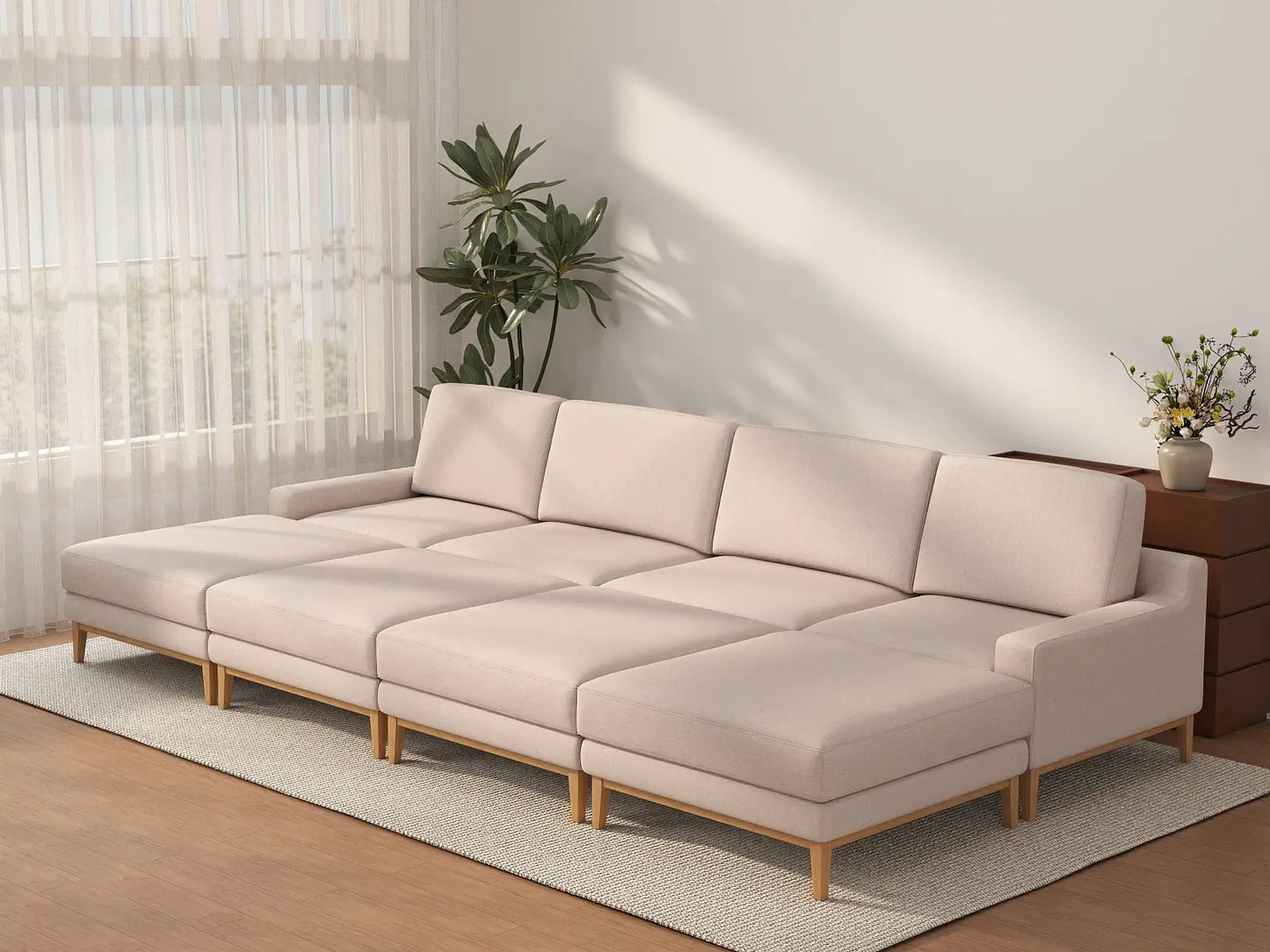 Deluxe Cloud 4-Seater Khaki Pit Sectional | 8-Piece (Includes 4 Ottomans), Linen Look Poly Fabric, Washable Cushion Covers