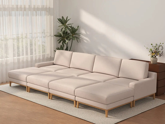 Deluxe Cloud 4-Seater Khaki Pit Sectional | 8-Piece (Includes 4 Ottomans), Linen Look Poly Fabric, Washable Cushion Covers