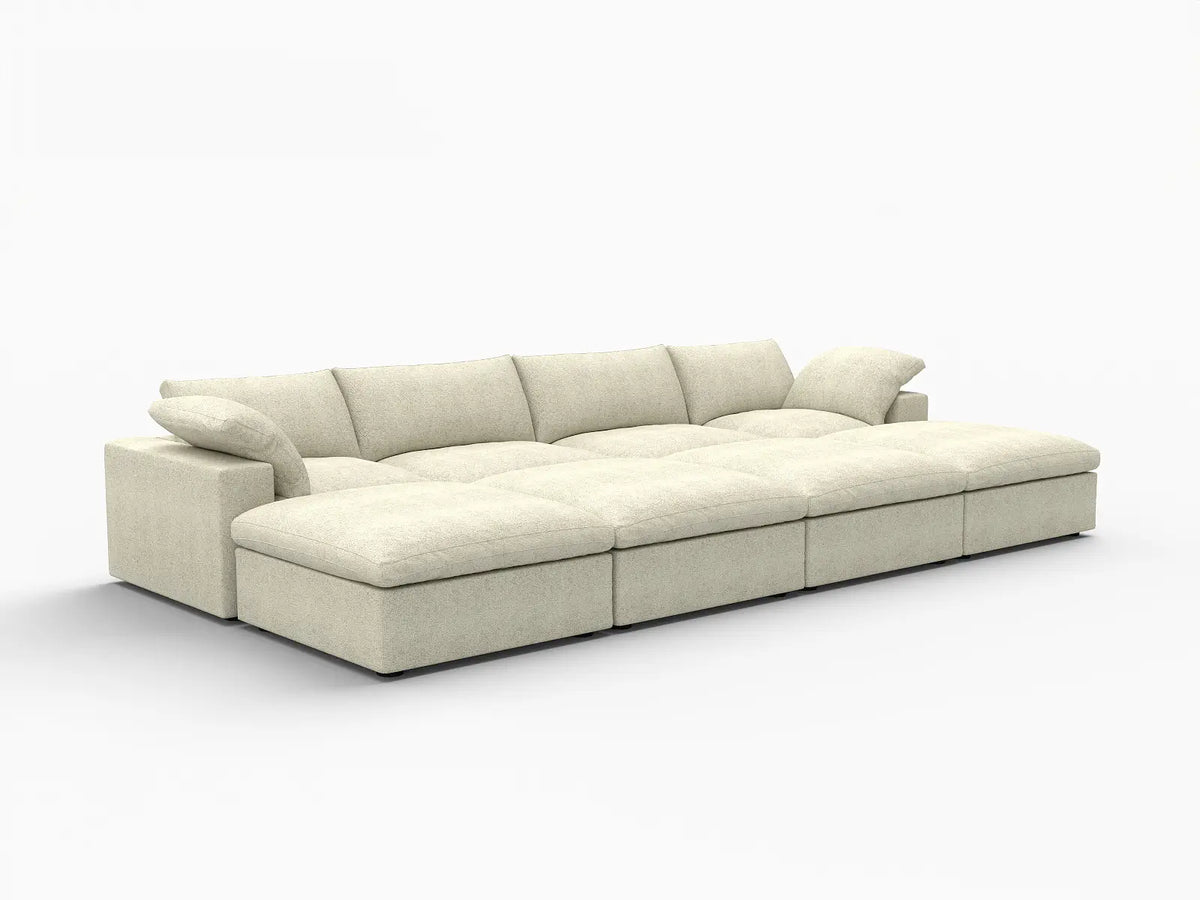 Deluxe Cloud 4-Seater Khaki Pit Sectional | 8-Piece (Includes 4 Ottomans), Cotton And Linen Fabric, Family Room Seating, Washable Cushion Covers