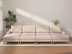 Deluxe Cloud 4-Seater Khaki Pit Sectional | 8-Piece (Includes 4 Ottomans), Linen Look Poly Fabric, Washable Cushion Covers