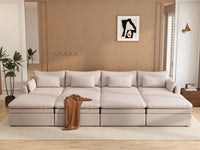Deluxe Cloud 4-Seater Khaki Pit Sectional | 8-Piece (Includes 4 Ottomans), Linen Look Poly Fabric, Washable Cushion Covers