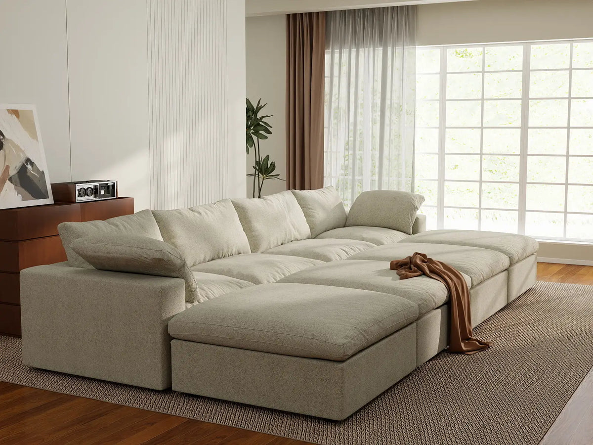 Deluxe Cloud 4-Seater Khaki Pit Sectional | 8-Piece (Includes 4 Ottomans), Cotton And Linen Fabric, Family Room Seating, Washable Cushion Covers